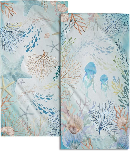 Imiss Nautical Coastal Starfish Bathroom Towels 14.4 x 28.3 Inch Ocean Themed Seashell Coral Decorative Soft Small Bath Fingertip Towels Set of 2 for Home Kitchen Hotel Decor
