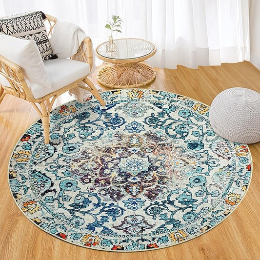 Easy-Going Round Area Rug 3ft Washable Boho Small Circle Rugs for Living Room Non-Slip Bedroom Rug Low Pile Lightweight Medallion Distressed Throw Rug for Dining Room Kitchen Office, Vintage Multi
