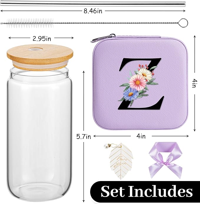 AYGXU glass cups with lids and straws,Tumblers with Brushes,Small Jewelry Organizer Box,Birthday Gifts for Women,Travel Gifts for Girls,high school graduation gifts for her,Initial Z purple