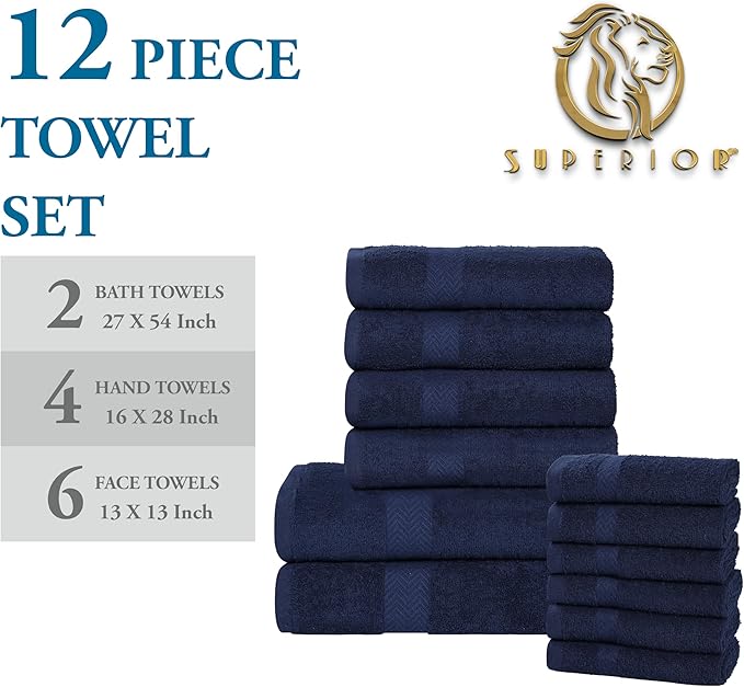 Superior 12-Piece Cotton Assorted Towel Set, Includes 6 Face/Washcloths, 4 Hand, and 2 Bath Towels, Lightweight Essentials, for Home, Beach, Bathroom, Quick Drying, Franklin Collection, Navy Blue