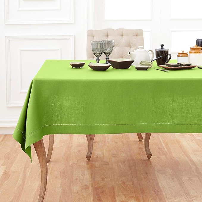 Solino Home Linen Square Tablecloth 52 x 52 Inch - 100% Pure Linen Lime Green Table Throw - Classic Hemstitch, Machine Washable Table Cloth