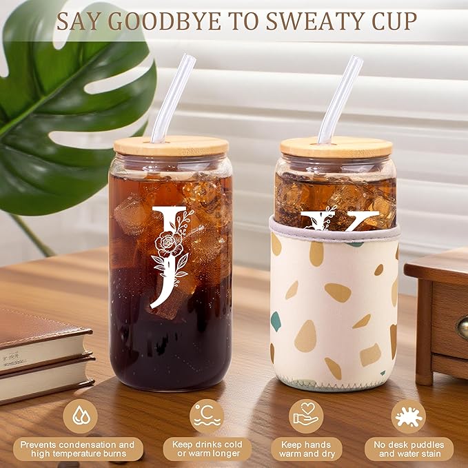 Personalized Gifts for Women, Monogrammed Gifts for Women, Initial 16 oz Glass Cups With Lids and Straws, Customized Mug, Personalized Birthday Gifts Christmas Gifts for Her Mom Friend Woman, J