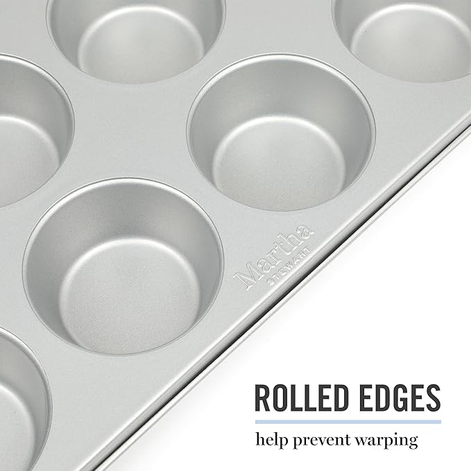 Martha Stewart Gallen 12 Cup Nonstick Carbon Steel Muffin and Cupcake Pan - Silver Durable Bakeware for Muffins, Cupcakes & Mini Cakes