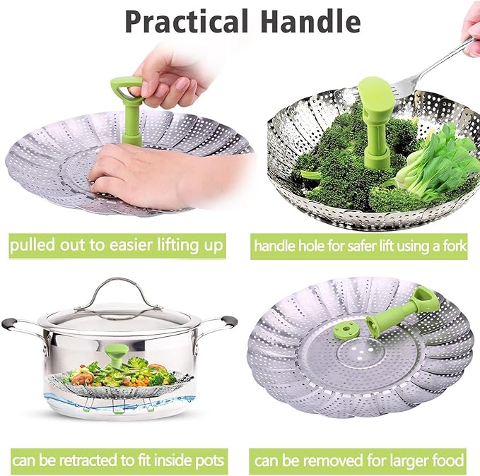 Consevisen Vegetable Steamer Basket for Cooking Food, Stainless Steel Veggie Steam Basket for Pot, Folding Expandable Steaming Insert with Extendable Handle Fits Various Size Pot, 5.1" to 9"