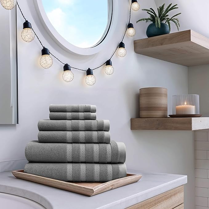 Hearth & Harbor Bath Towels for Bathroom - 100% Ring Spun Cotton Luxury Bathroom Towels - Soft & Highly Absorbent Bath Towels Set, 6 Piece Set, Gray