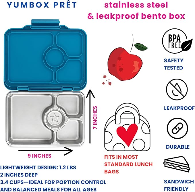 Yumbox Prêt Stainless Steel Bento Box – Leakproof Reusable Lunch Container with Compartments for Kids & Adults – Sandwich-Friendly, BPA-Free, Eco-Conscious Lunch Box (Glitter Blue)
