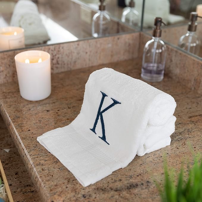 Monogrammed Hand Towels for Bathroom - Luxury Hotel Quality Personalized Initial Decorative Embroidered Bath Towel for Powder Room, Spa - GOTS Organic Certified - Set of 2 Navy Letter K