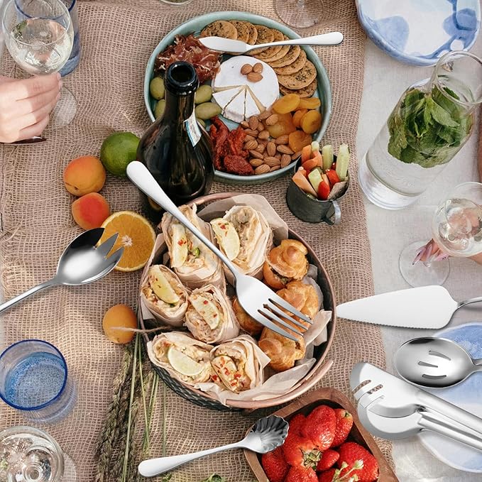 Stainless Steel Serving Utensil Set 10-Piece Buffet Flatware Catering Silverware with Bread Tong,Cake Spatula,Serving Ladles,Salad Fork,Cheese Knife,Large Spoon for Parties Buffet