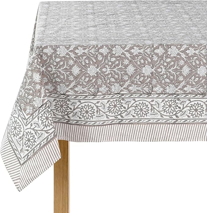 Ridhi Taupe Hand Block Print Cotton Rectangle Tablecloth 190" x 72" inches Reusable Table Cover Decorative Everyday Use for Dining, Farmhouse, Home, Party, Festive, Wedding, Fall