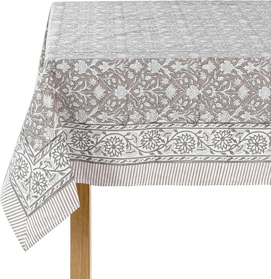 Ridhi Taupe Hand Block Print Cotton Rectangle Tablecloth 190" x 72" inches Reusable Table Cover Decorative Everyday Use for Dining, Farmhouse, Home, Party, Festive, Wedding, Fall