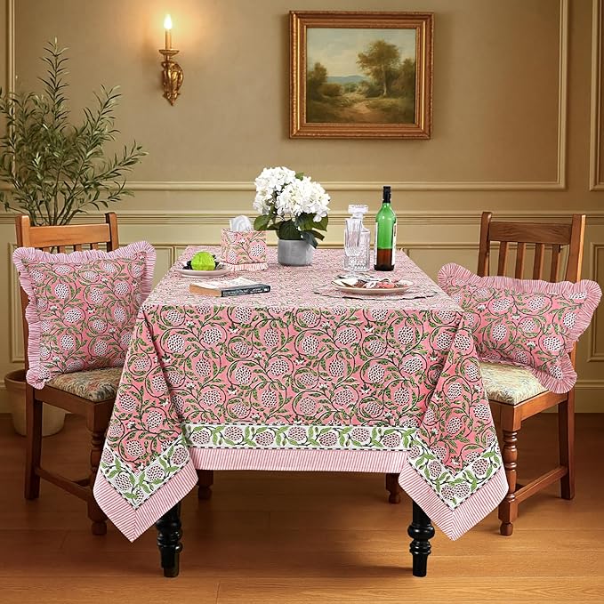 Ridhi Strawberry Pink Hand Block Print Cotton Rectangle Tablecloth 190" x 72" inches Reusable Table Cover Decorative Everyday Use for Dining, Farmhouse, Home, Party, Festive, Wedding, Fall