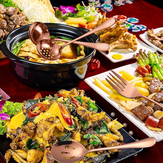 Rose Gold Serving Utensils Set 10 Pieces Copper Stainless Steel Catering Silverware Flatware Buffet Restaurant Banquet Include Fork Big Spoon Hostess Ladle Spatula Food Tong Cheese knife