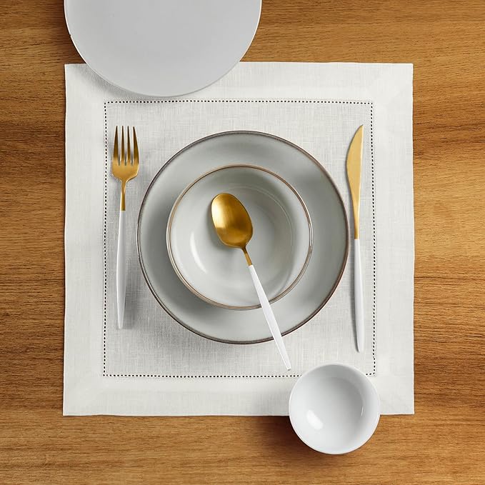 Solino Home Square Placemats Set of 4-100% Pure Linen Ivory Cloth Placemats 14 x 14 Inch - Classic Hemstitch, Machine Washable Place Mats for Holiday, New Year