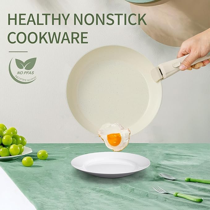 23pcs Ceramic Pots and Pans Set, Nonstick Detachable Handle Cookware, Induction Kitchen Cooking Set with Removable Handle,include Frying Pans & Saucepans Oven Safe, Induction, Stackable Set