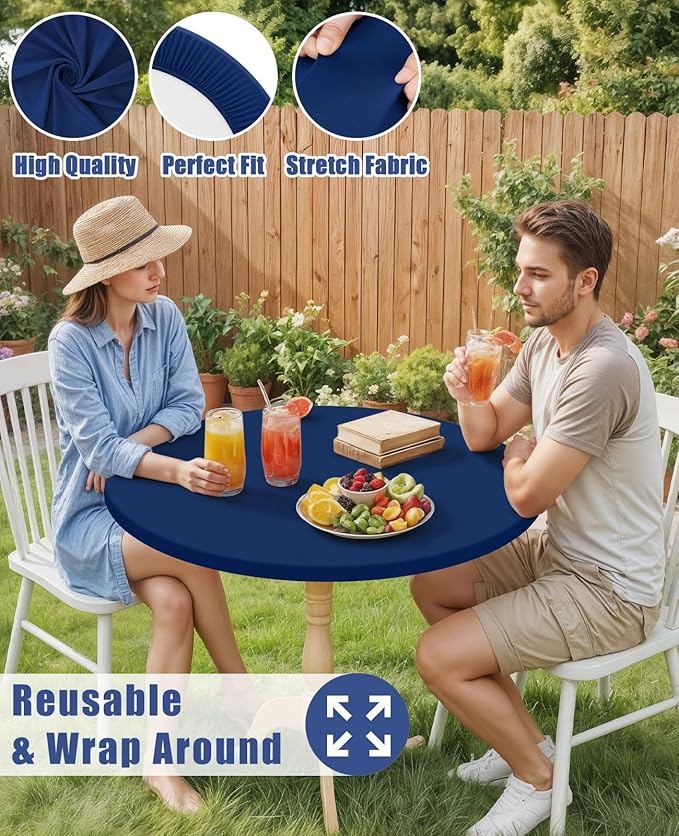 Round Spandex Tablecloth, Elastic Fitted Waterproof Tablecloths for 25"-30" Tables, Stretch Washable Picnic Table Cover for Camping, Dining, Indoor and Outdoor, Navy
