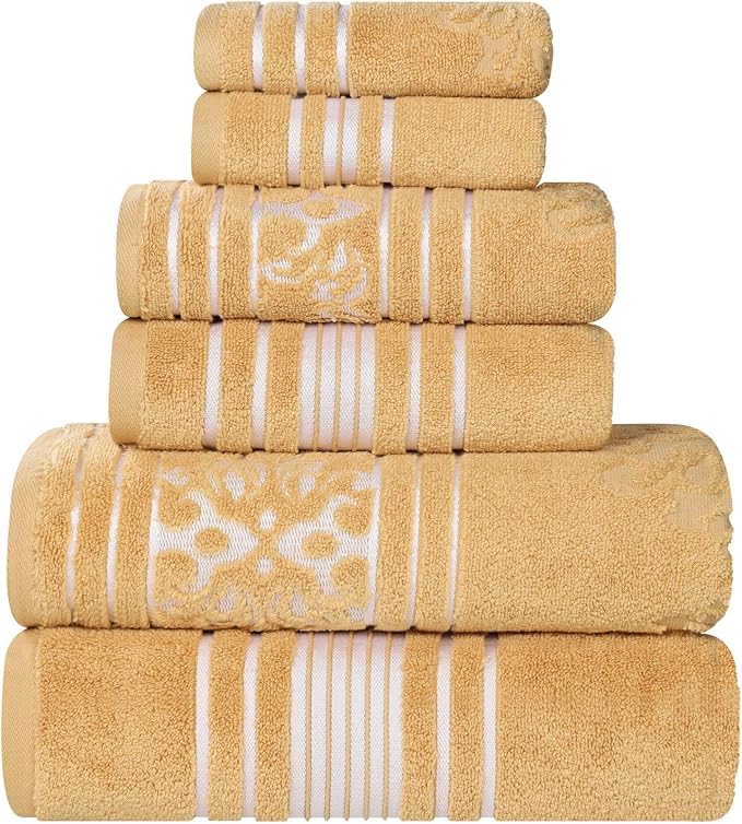Superior Cotton 6 Piece Assorted Floral Towel Set, Includes 2 Bath, 2 Hand, 2 Washcloth/Face Towels, Quick Dry, Home Essentials, Shower, Spa, Luxury Plush Soft Absorbent Towels, Zero Twist, Gold