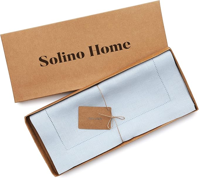 Solino Home Linen Light Blue Table Runner 144 Inches Long - 100% Pure Linen Extra Long Table Runner 14 x 144 Inch for Winter, New Year - Classic Hemstitch