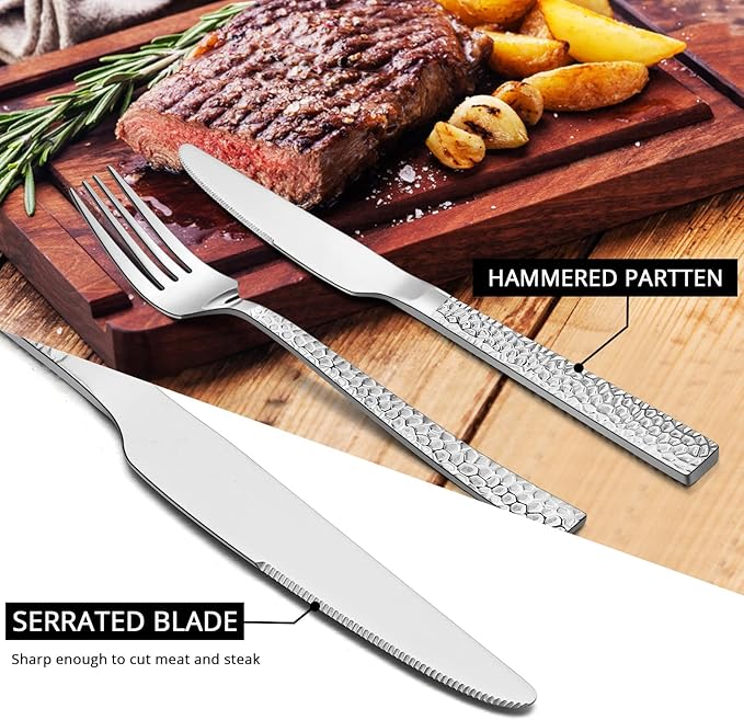 E-far Hammered Dinner Knives Set of 12, 8.9 Inch Stainless Steel Serrated Steak Butter Knife for Home Kitchen Restaurant, Modern Design & Square Edge, Mirror Finish & Dishwasher Safe