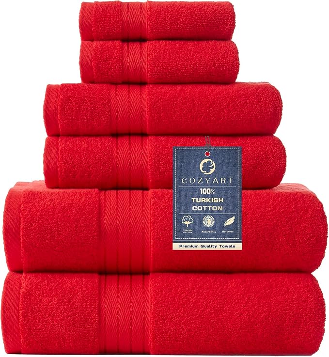 COZYART Red Bath Towel Set for Bathroom Soft Absorbent Durable 650 GSM Turkish Cotton Towel Sets of 6, 2 Large Bath Towels, 2 Hand Towels, 2 Washclothes