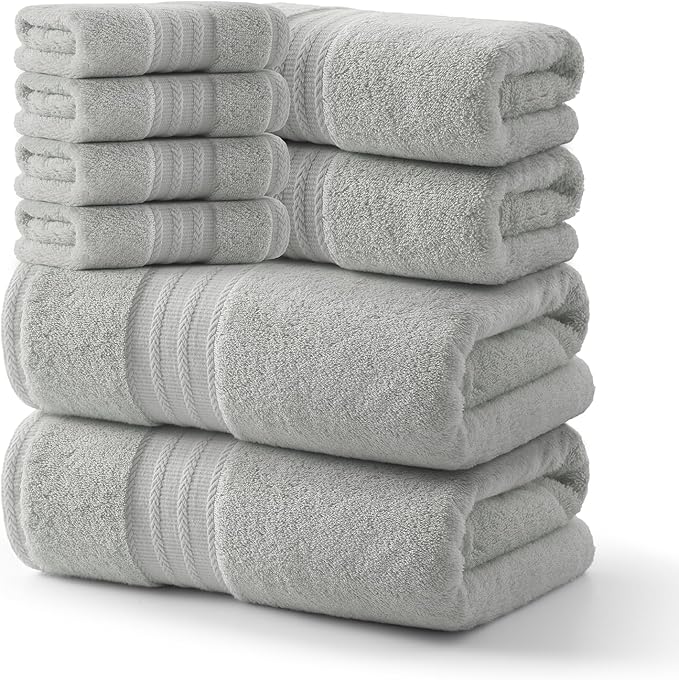 REDKISS Grey Towel Set of 8-100% Cotton Luxury Bath Towels Set for Bathroom, 600 GSM Highly Absorbent Bathroom Towel with 2 Large Bath Sheet, 2 Hand, 4 Washcloths, Grey Shower Towels for Dorm