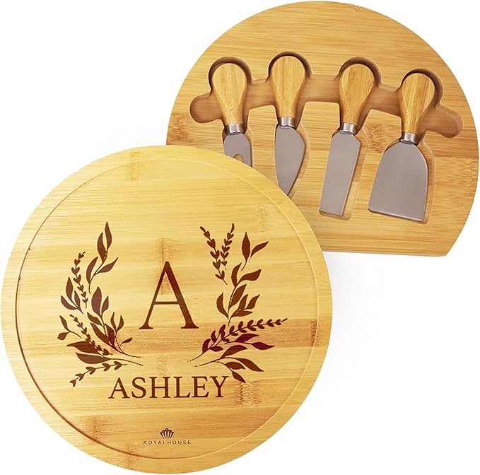 RoyalHouse Personalized Round Cheese Board, Custom Engraved Bamboo Charcuterie Board, Ideal for Weddings, Bridal Showers, and Special Occasions