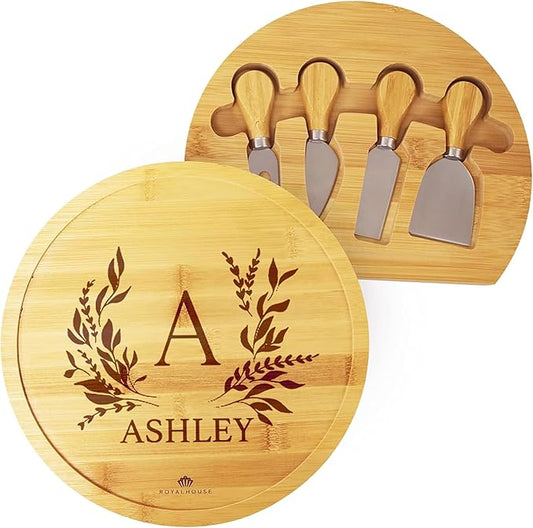 RoyalHouse Personalized Round Cheese Board, Custom Engraved Bamboo Charcuterie Board, Ideal for Weddings, Bridal Showers, and Special Occasions