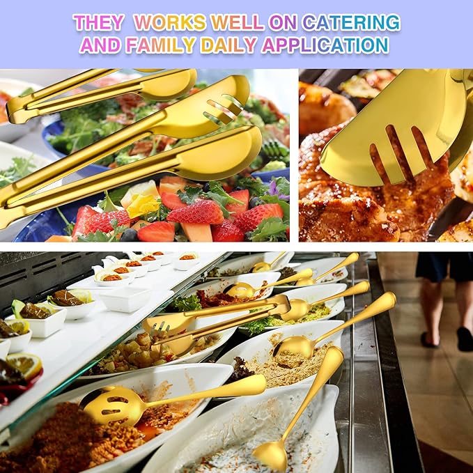 Patelai 15 Pieces Christmas Stainless Steel Gold Serving Utensils Set 8.7" Large Spoons and Slotted Spoon 9.45" Tong 9" Forks Flatware Wedding Party Buffet Banquet Cooking Kitchen Catering