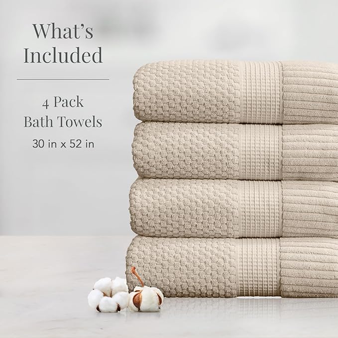 NY Loft 100% Cotton Bath Towel 4 Pack | Super Soft & Absorbent Quick-Dry Bath Towels 30" x 52" | Textured and Durable Cotton | Premium Thick Towels | Trinity Collection (4 Pack Bath Towel, Sand)