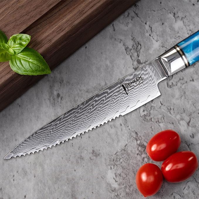 SENKEN Damascus Steak Knife Set - Tsunami Collection - 67-Layer Japanese VG10 Steel - Razor Sharp Non-Serrated Blades, Blue Resin & Natural Wood Pattern Handles, Luxury Gift Box (6 Steak Knife Set)