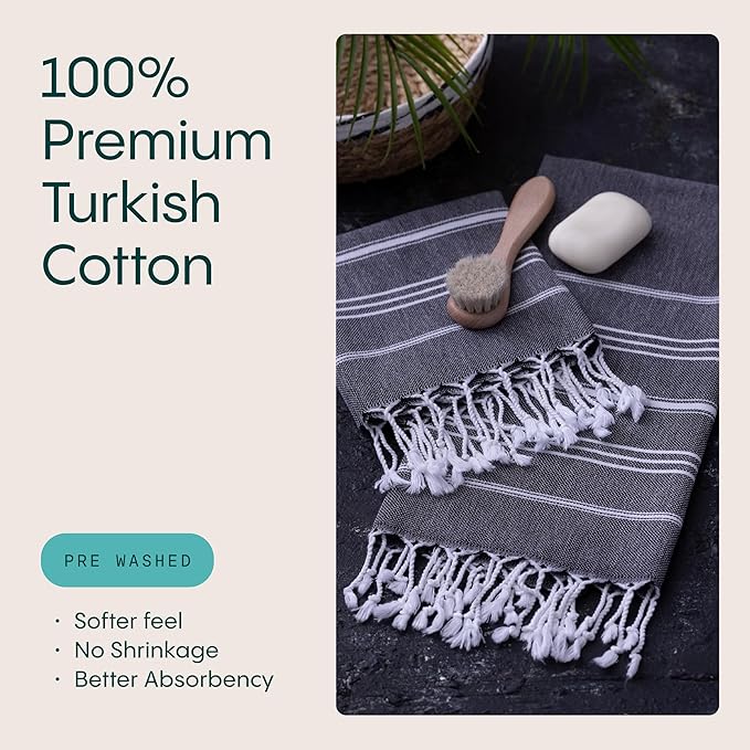 WETCAT Turkish Hand Towels with Hanging Loop, Set of 2 (20" x 30") 100% Turkish Cotton, Pre-Washed, Quick Drying, for Kitchen or Bathroom - Black