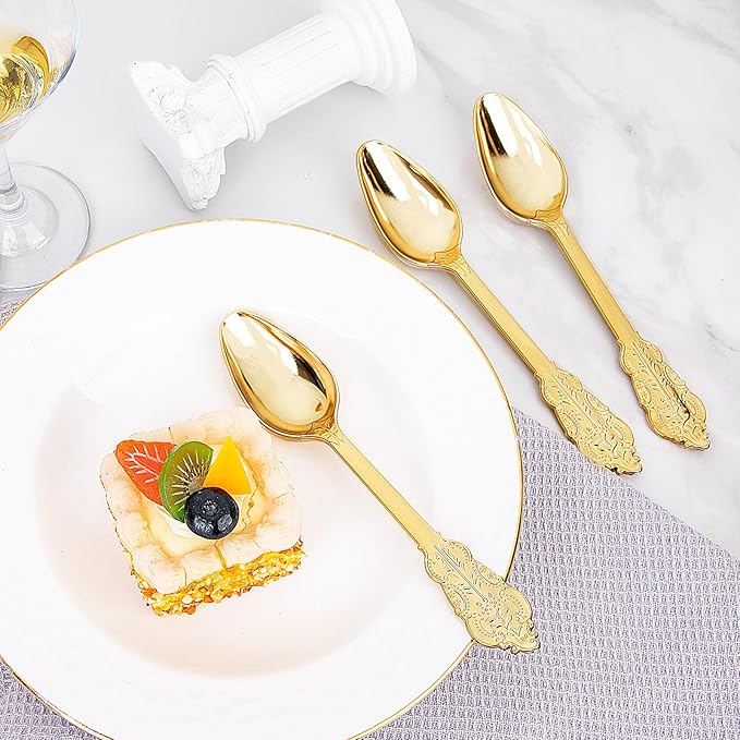 WDF 100 Piece Gold Plastic Spoons Disposable - 6.93 Inch Baroque Gold Spoons Plastic Silverware for Dessert Cake - Heavy Duty for Thanksgiving Party, Wedding or Daily Using