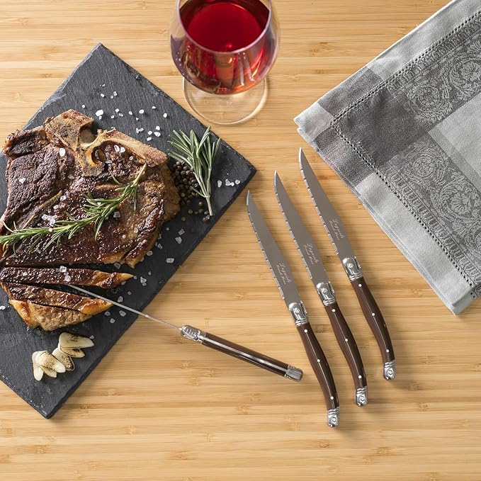French Home Laguiole 4-Piece Steak Knife Set – Sophisticated Stainless Steel Dinner Knives with Chocolate Brown Handles & Iconic Bee Emblem – Serrated Knives for Smooth Cutting (9.25")