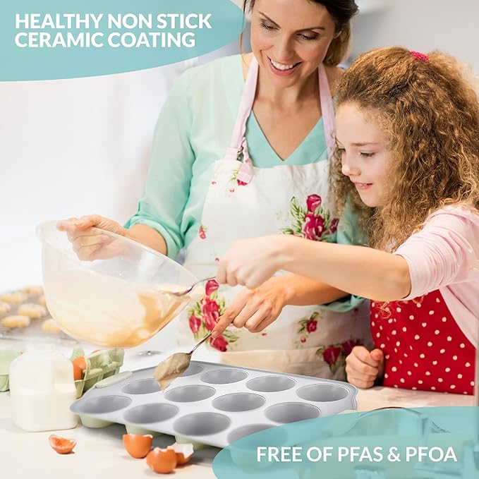 Boxiki Kitchen 12 Cups Ceramic Coated Muffin Pan for Baking - Durable Steel Frame Cupcake Pan w/Nonstick Surface - Professional Muffin Tray with Silicone Handles