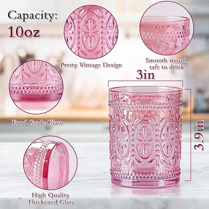 Pink Glassware set of 4, Vintage Drinking Glasses, 10oz Pink Heavy Duty Glass Cups, Old Fashioned Glass, Embossed Glasses Set for Party Wedding Home Office Glassesware Gift