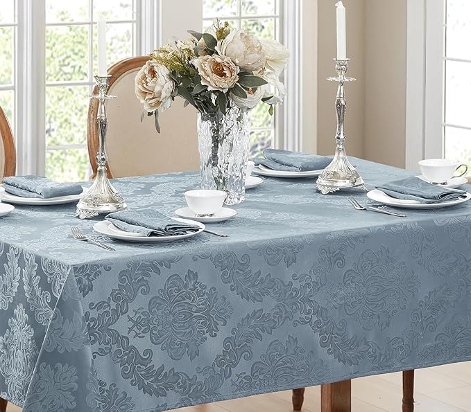 Newbridge Christmas Barcelona Damask Fabric Tablecloth, 52 x 70 Inch Rectangle, Blue – No Iron, Soil Resistant Table Cover for Dining, Parties and Holidays