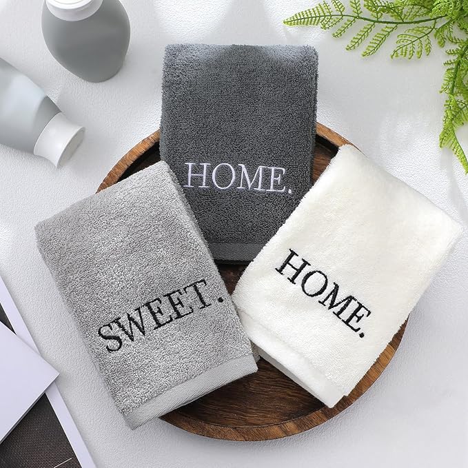 3 Pcs Farmhouse Decorative Hand Towels for Bathroom and Kitchen Rustic Embroidered 100% Cotton Hand Towels Decorative Set for Boho Bathroom Decor (Gray,Home Sweet Home)