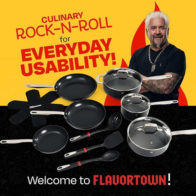 Guy Fieri's Flavortown 15-Piece Ceramic Cookware Set, Nonstick Pots and Pans for Cooking, Easy-Clean Kitchen Cookware, Made without PFAS PTFE PFOA, Induction Compatible, Oven & Dishwasher Safe, Black
