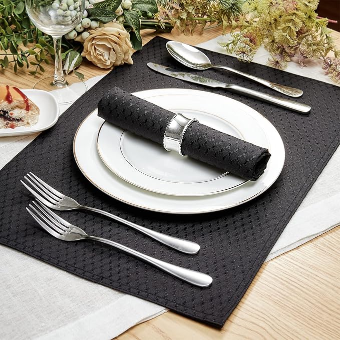 Place Mats Set of 8 – Rectangle Rectangular Waterproof Fabric Polyester Cloth Washable Wipeable Heat Resistant Placemats for Kitchen Dining Dinner Table Indoor 13 x 19 Inch Black