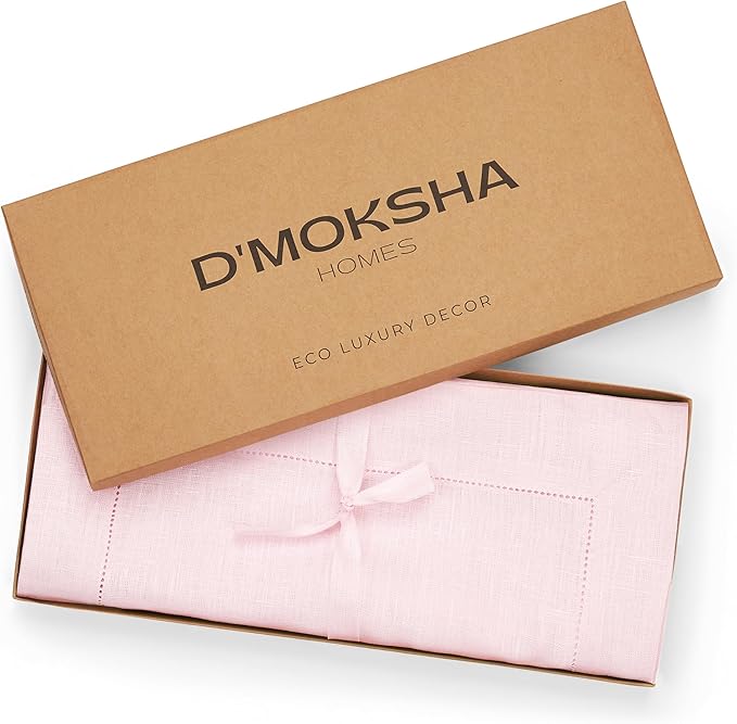 D'Moksha Homes Linen Pastel Pink Table Runner 48 Inches - Classic Hemstitch, 100% Pure Linen Coffee Table Runner 14 x 48 Inch Ideal for Dresser Tables - Winter, Holiday, New Year