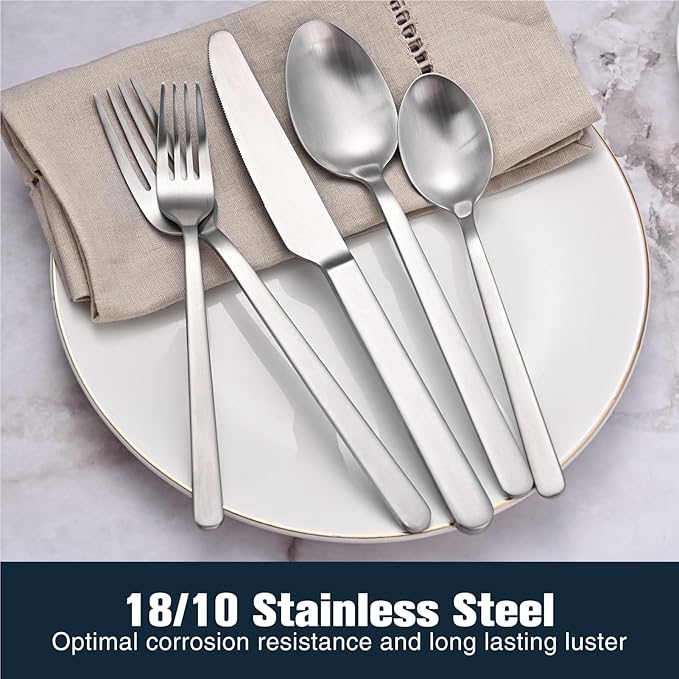 KINGSTONE Forged 30-Piece Silverware Set, Matte Flatware Set for 6, 18/10 Stainless Steel Silverware Utensils Set Dishwasher Safe (Matte Silver)