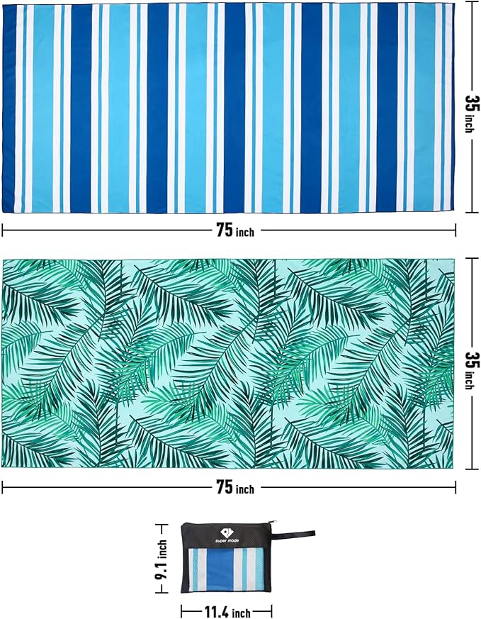 2 Pack Microfiber Beach Towel, Oversized Microfiber Pool Towel 75”x 35”, Sand-Free Beach Towel, Quick Drying Camping Towel, Super Absorbent Bath Blanket, Soft Breathable and Lightweight