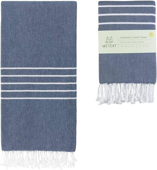 WETCAT Turkish Beach Towel Oversized (38"x71") 100% Turkish Cotton, Made in Turkey - Sand Free, Extra Large, Ultra Soft, Quick Drying, Compact & Lightweight for Travel - Navy Blue