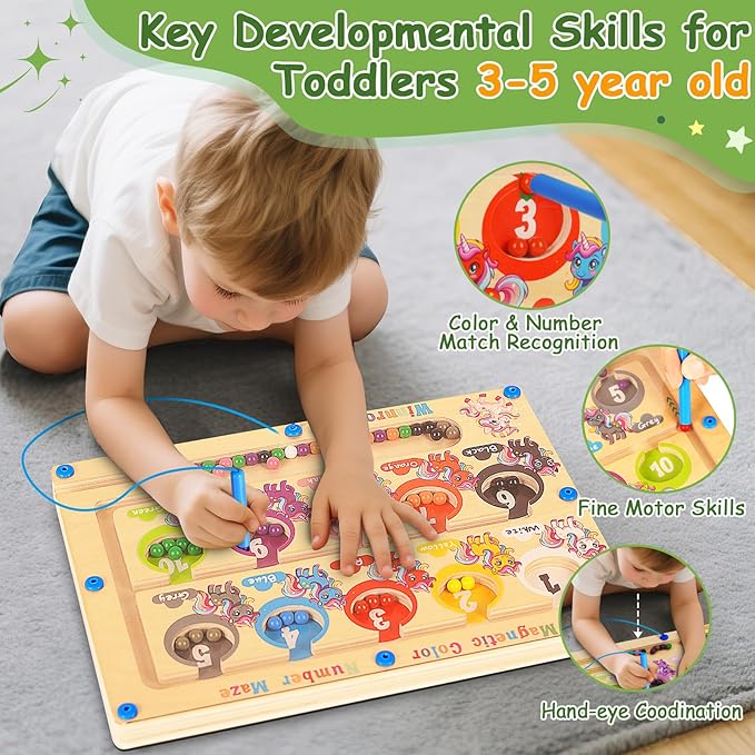 Magnetic Color and Number Maze, Montessori Wooden Magnet Puzzles Learning Counting Matching Board Unicorn Toys for Toddlers Kids 3-5, Educational Fine Motor Skills Toys for Girls Boys 3 4 5 Years Old