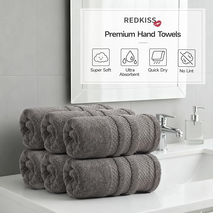 REDKISS 6 Pack Premium Hand Towels for Bathroom, 13 x 30 inch, 100% Cotton Hand Towel Set of 6, Super Soft and Highly Absorbent Towels for Bathroom, Gym, Spa, Shower, and Hotel, Brown