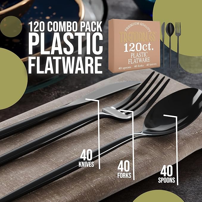 Trendables Black Plastic Forks and Spoons Disposable Silverware Set 120 Pack Plastic Utensils Set Includes 3 x 40 each Knives & Soup Spoons & Black Forks Disposable Cutlery For Parties and Events