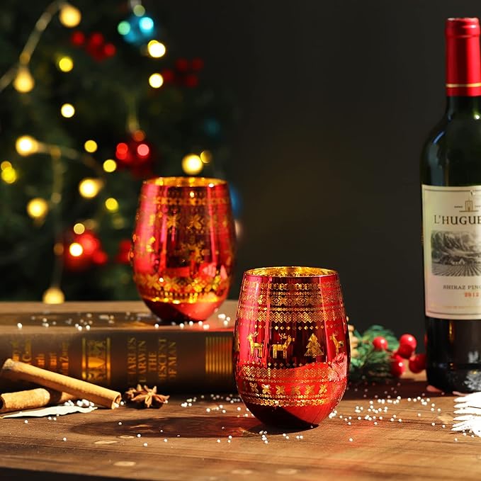 Joeyan Stemless Wine Glasses - Large Handmade Wine Glass Cups, Elk Snowflake Patterned Tumblers, 18 oz, Set of 2, Great for Gifts