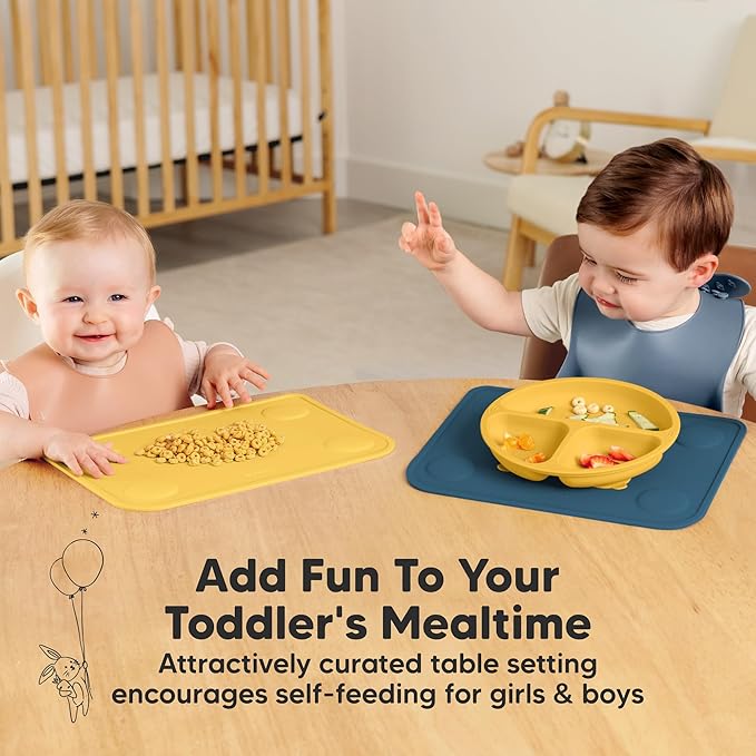 KeaBabies 2-Pack Silicone Placemats for Toddlers - 12x9 Non Slip Suction Baby Silicone Placemat for Kids Eating, Easy to Clean, Busy Travel Baby Mat for Dining Table, Food Grade/BPA-Free (Valiant)