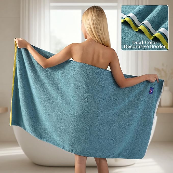 REDKISS 2 Pack 100% Cotton Bath Towels with Luxury Embellished Border Design, Oversized 27 x 54 Inches & 600 GSM Ultra Soft Bath Towel Set, Quick to Dry Towels for Bathroom, Gym, Spa, Hotel, Sky Blue