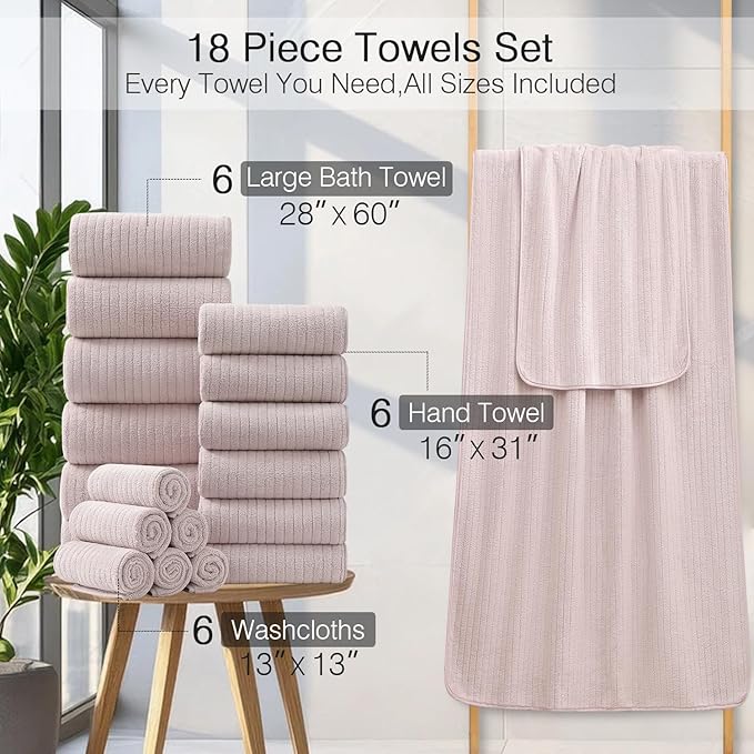 18 Piece Family Bath Towel Set Include 6 Bath Towels,6 Hand Towels and 6 Washcloths Soft Bathroom Towel with Hanging Loops,Highly Absorbent Quick Dry Towels Set for Bathroom,Hotel and Spa-Light Purple