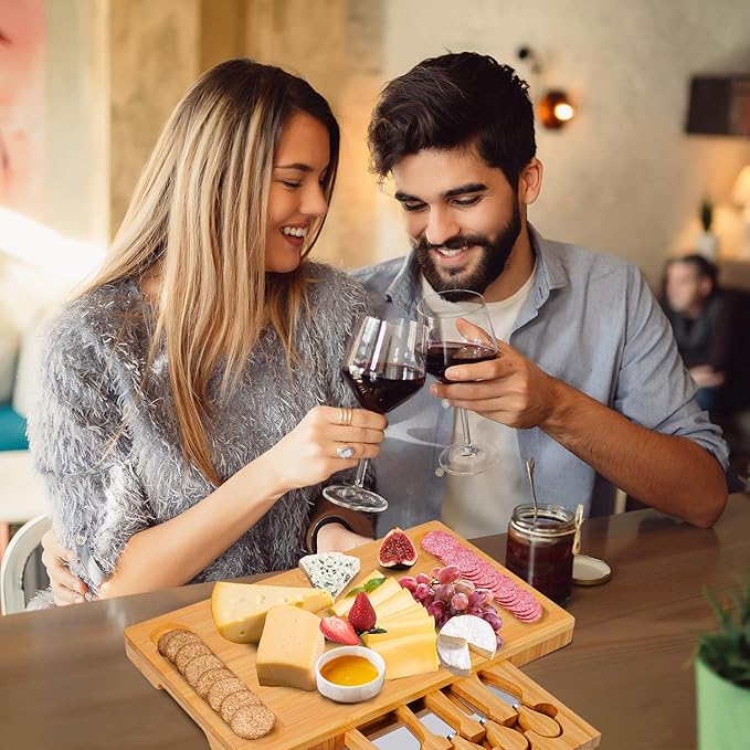 Bamboo Cheese Board and Knife Set with Slid-Out Drawer - Wood Charcuterie Platter Serving Tray for for Wine, Meat & Crackers, Perfect for Wedding Anniversary Housewarming & Entertaining